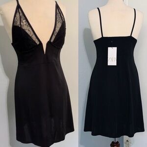 Zara New Women V-Neck Short‎ Black Sexy Slip Dress Size Large